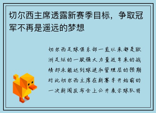 切尔西主席透露新赛季目标，争取冠军不再是遥远的梦想